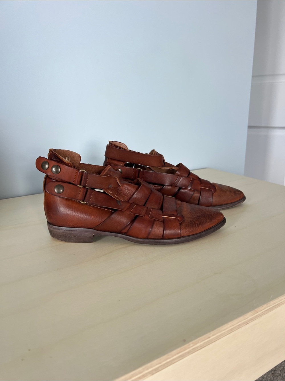 Free People Brown Leather Woven Flats